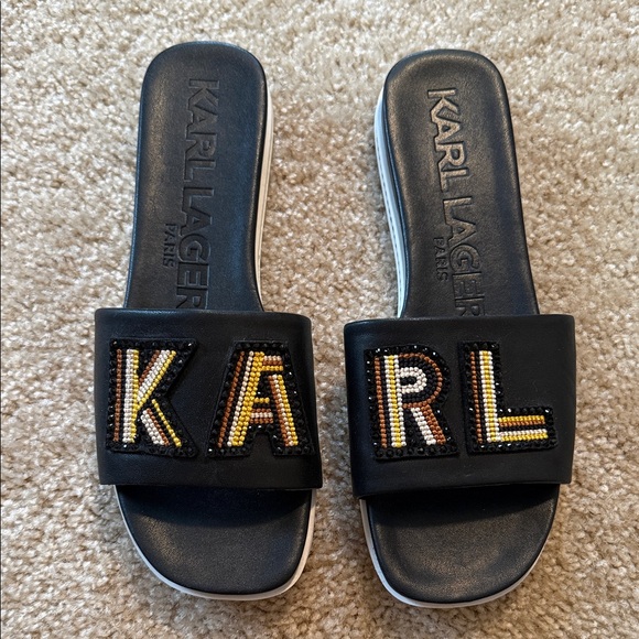 Karl Lagerfeld Shoes - Karl Lagerfeld Jeslyn Patch logo slide sandal black rhinestone shoe size